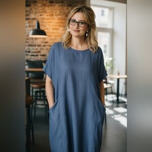 52Seven Oversized Pocket Lagenlook Dress Blue Ladies size 1X Coastal Comfy Plus